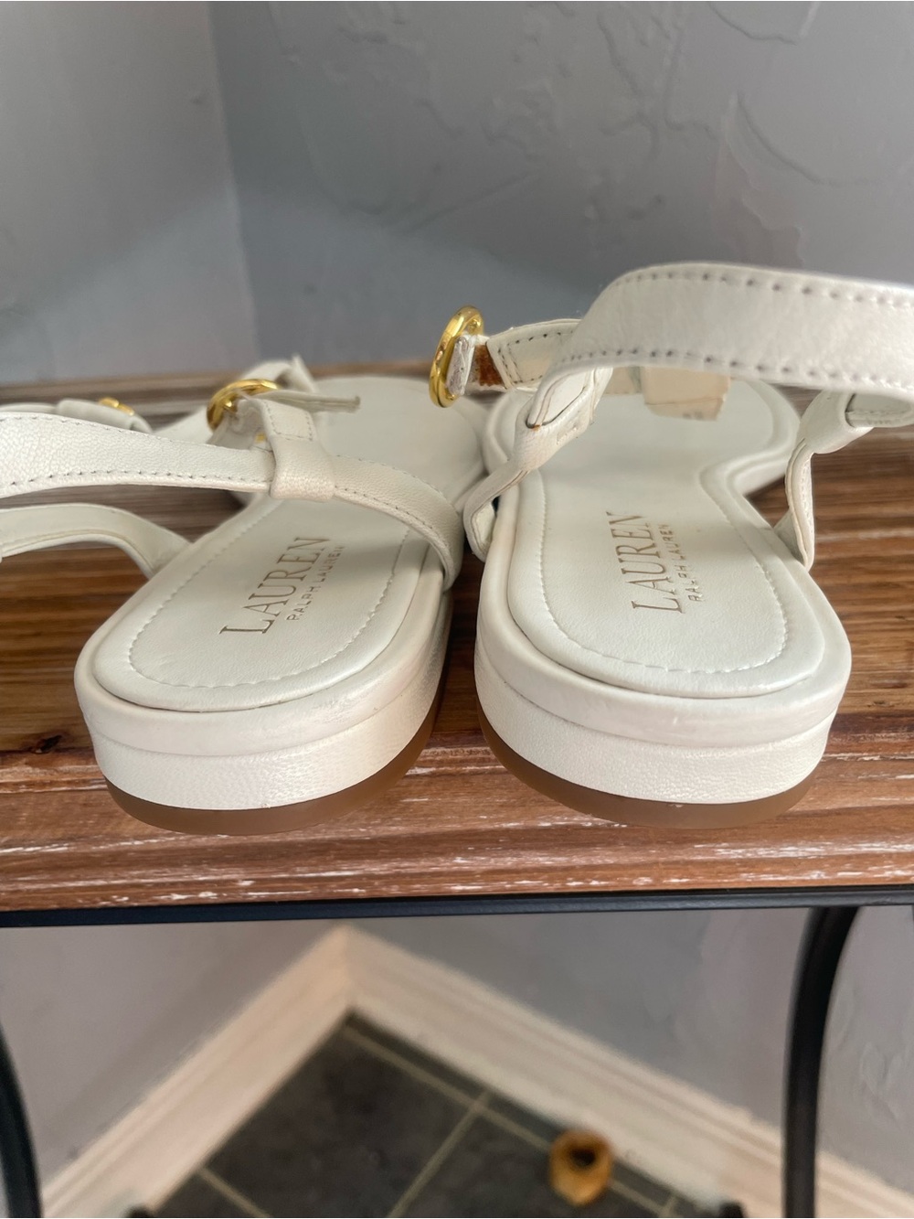 Ralph Lauren White T-Strap Gold-Accent Sandals - Picture 5 of 7